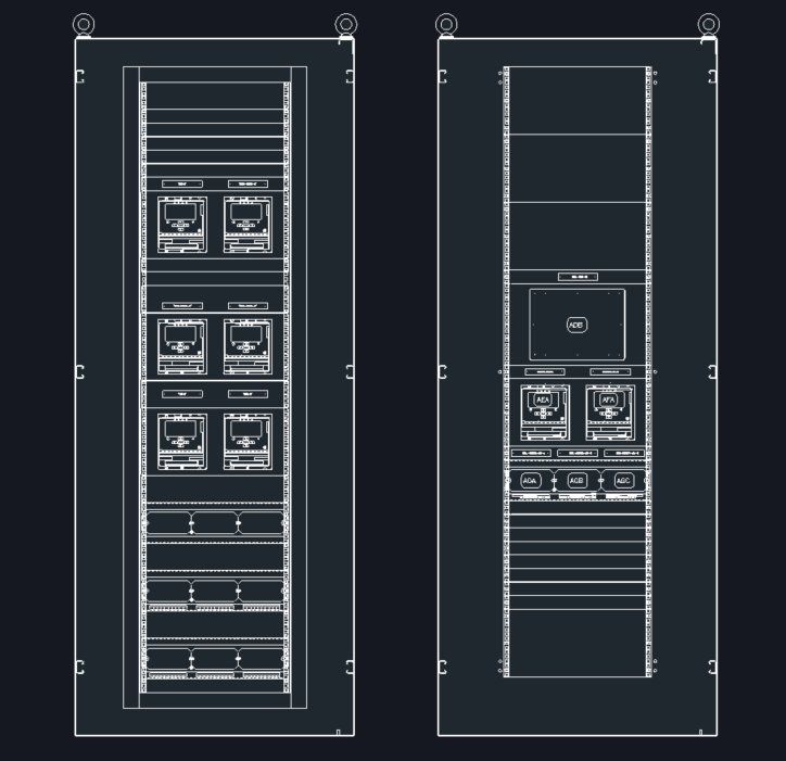 Protective relay panel CAD layout — front and rear views